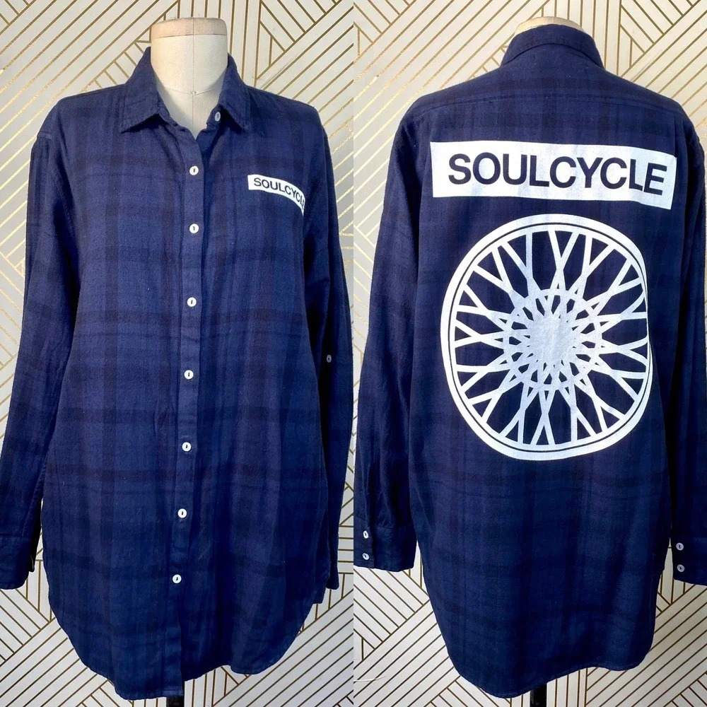 SoulCycle Blue Plaid Flannel Button Down Logo Top